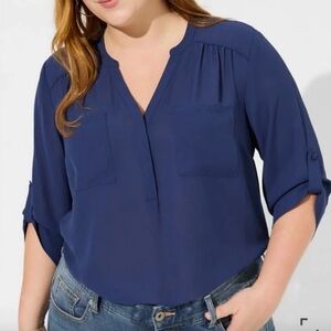 NWT, Torrid Harper Georgette Pullover 3/4 Sleeve Blouse in Navy, Sz 2X (18/20)